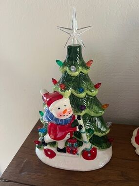 Lighted Holiday Ceramic Snowman & Christmas Tree Figurine - Green/Red